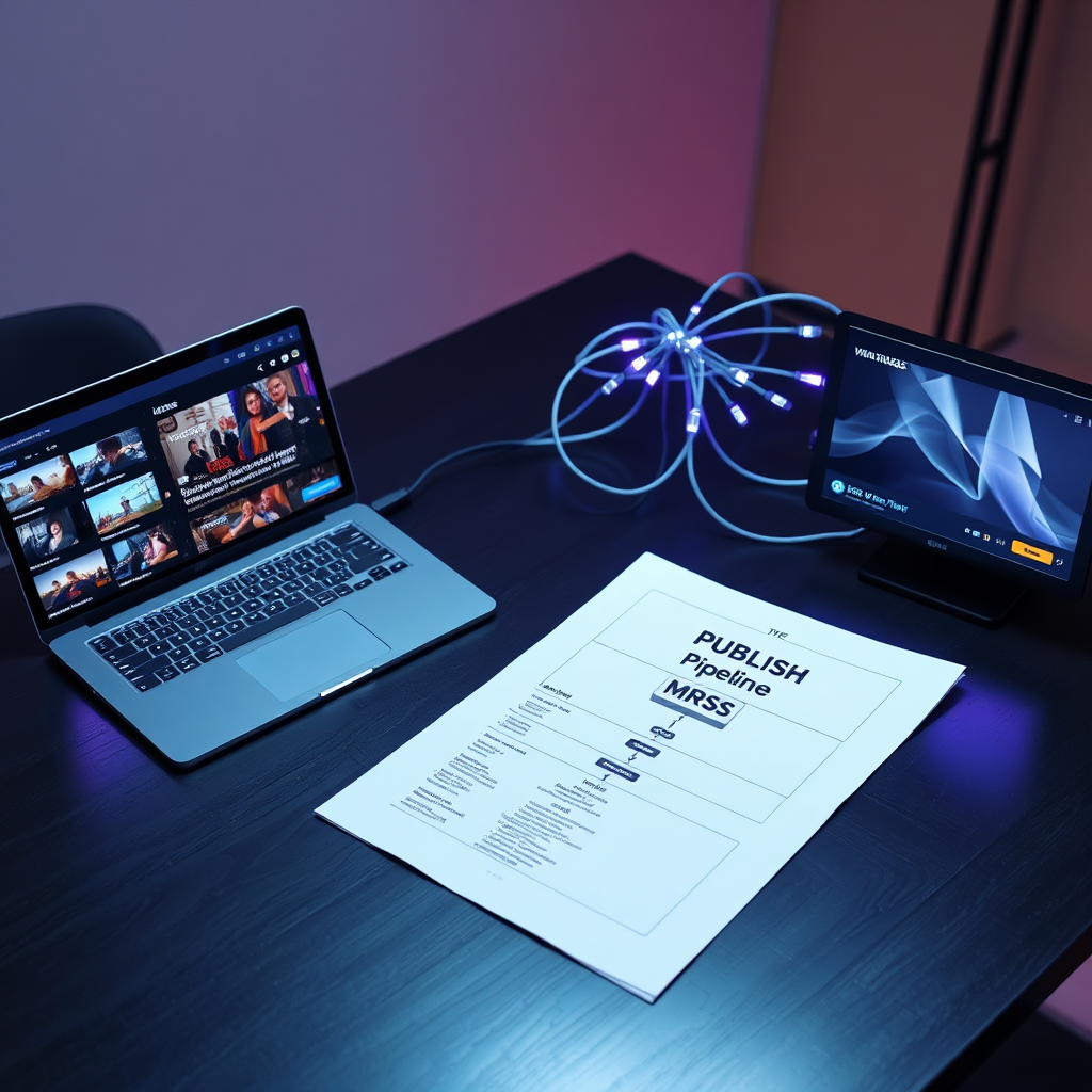 Diagram showing content sources (Vimeo, JSON/MRSS, URLs, HLS Live) flowing into a mapping step and publishing to Apple TV, Roku, and Fire TV