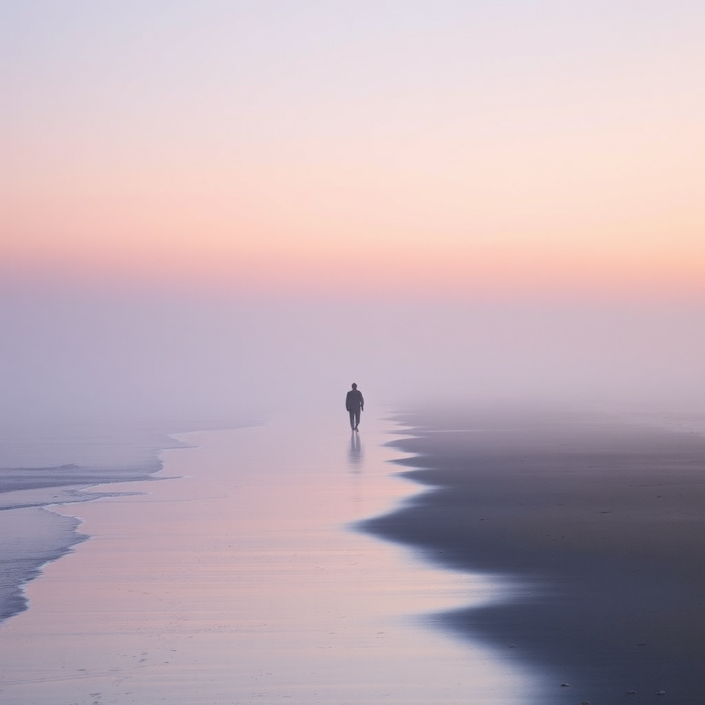 Figure walking on misty beach