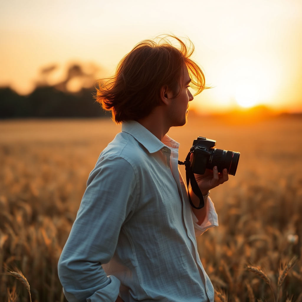 Photographer in wheat field at sunset