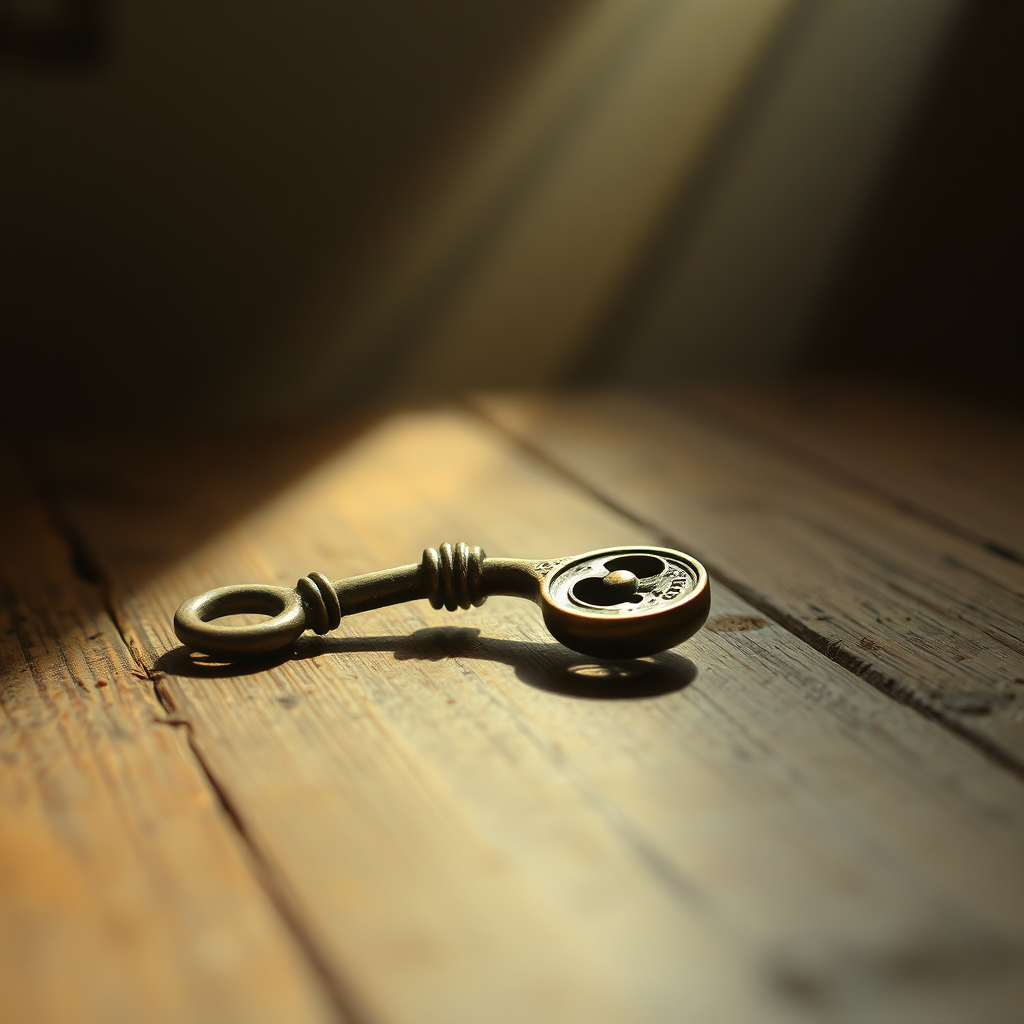 Vintage brass key on wood