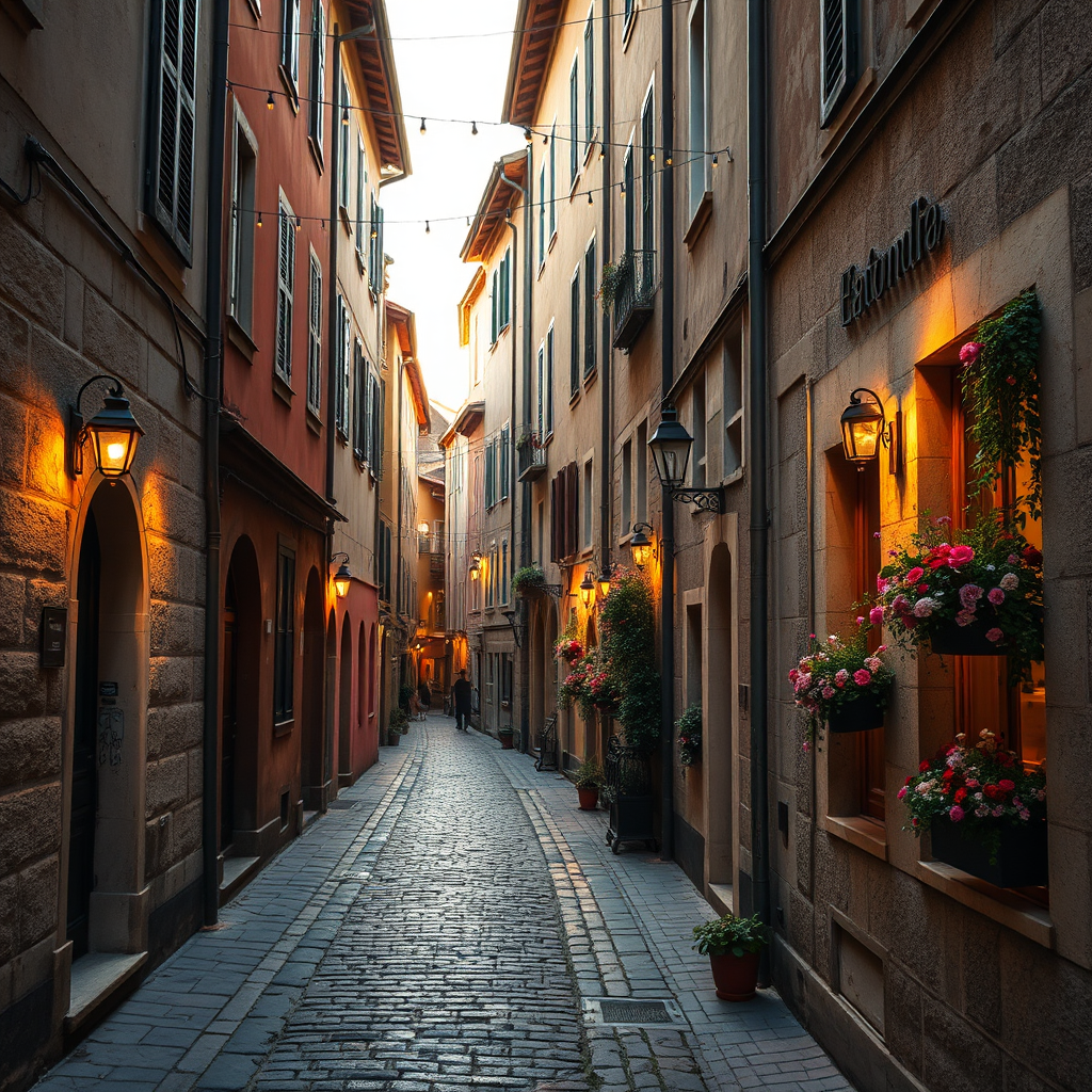 Cobblestone alley with lights