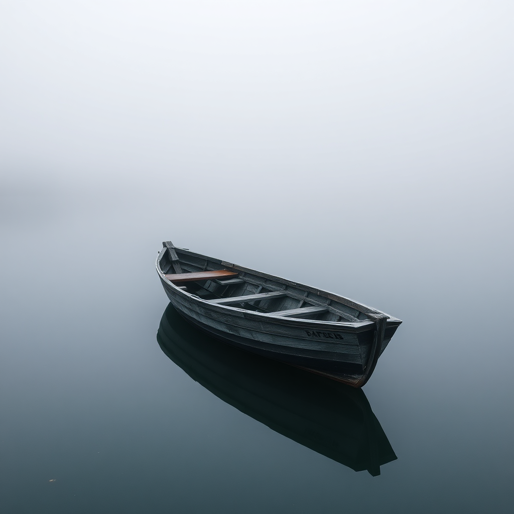 Boat on misty lake at dawn