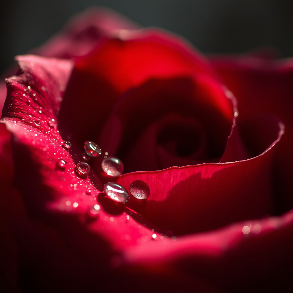 Red rose petal with dew drops