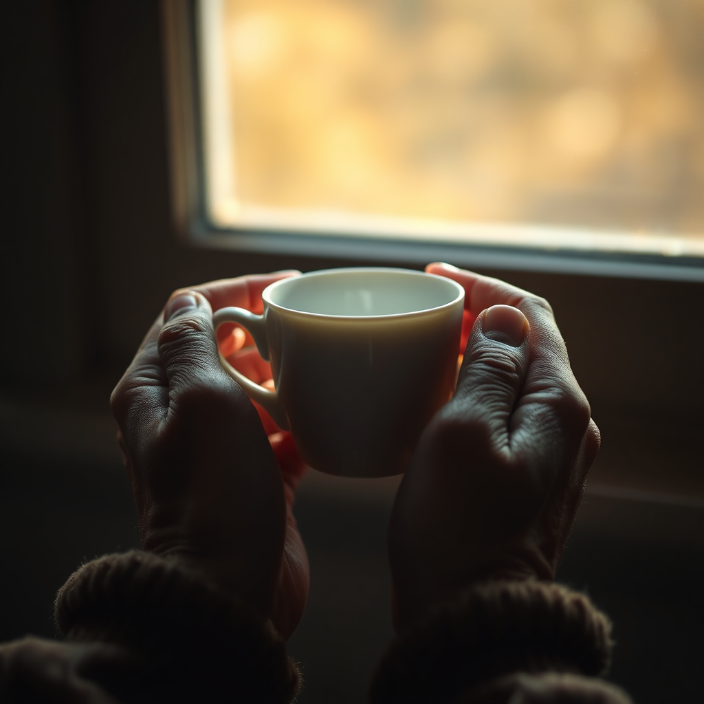 White porcelain cup in weathered hands
