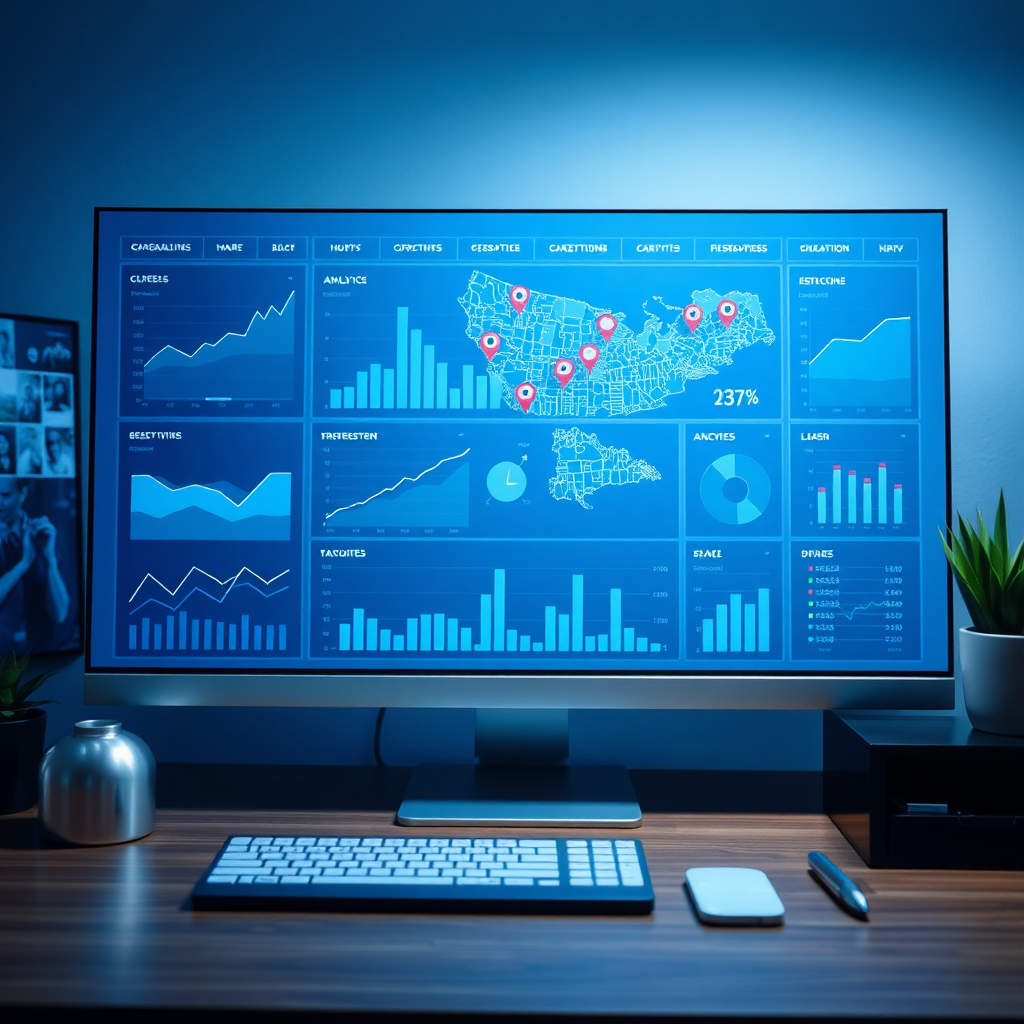 Dashboard mockup showing analytics and maps