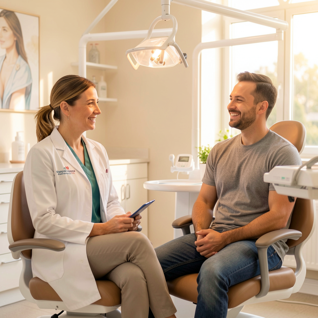Dentist consulting with a patient in a modern clinic