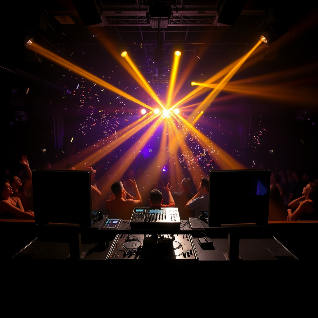 Cinematic DJ booth with gold lighting and confetti