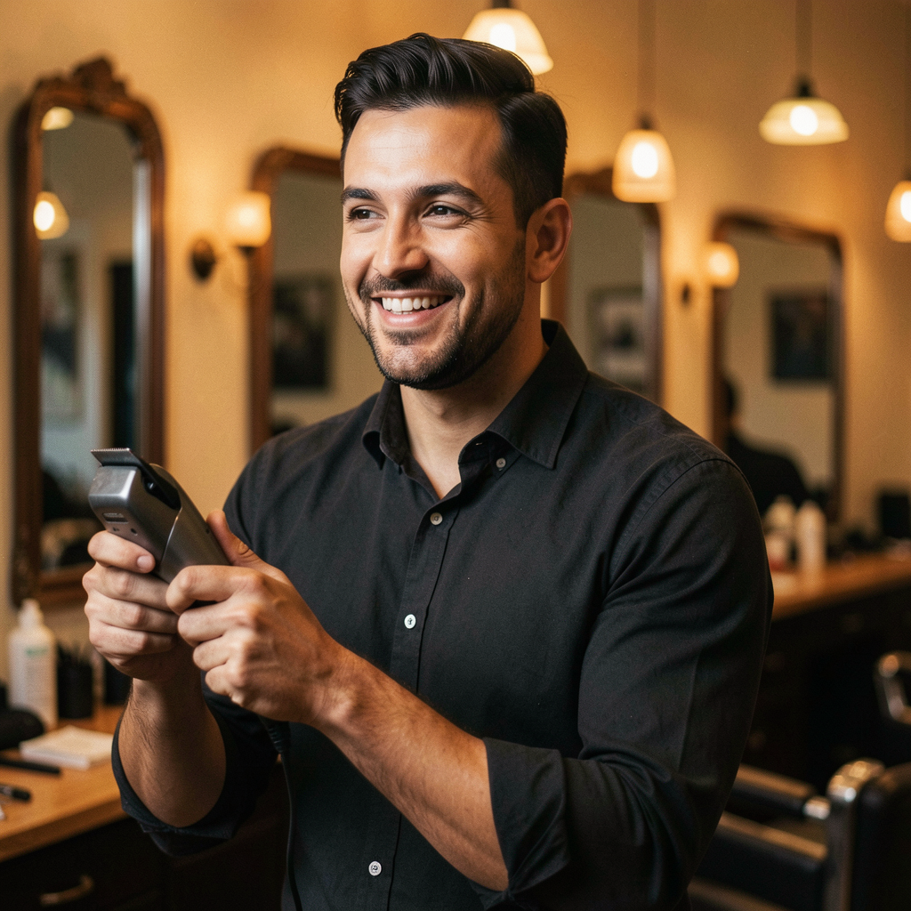 Independent barber in his private studio