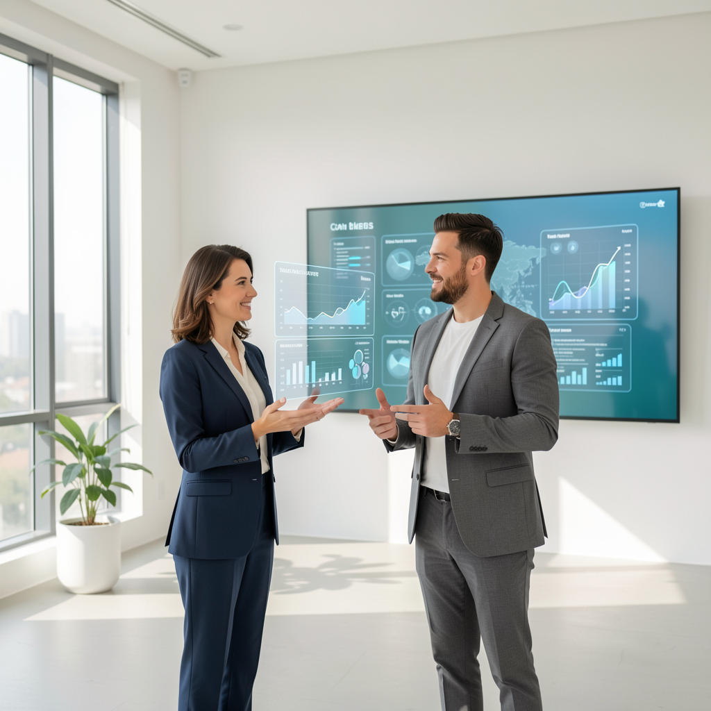 Hero illustration of business leaders with holographic dashboards