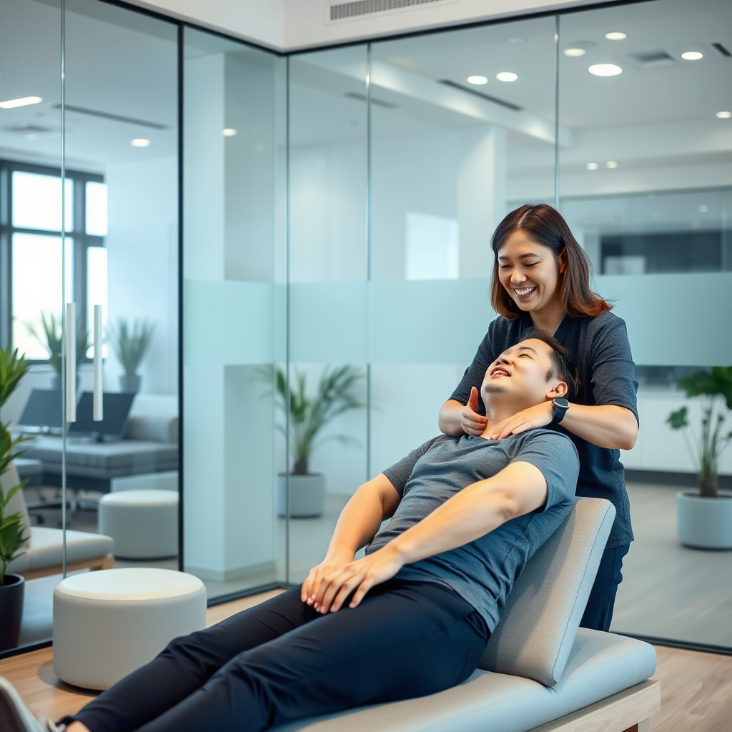 Chiropractor assisting patient in modern clinic
