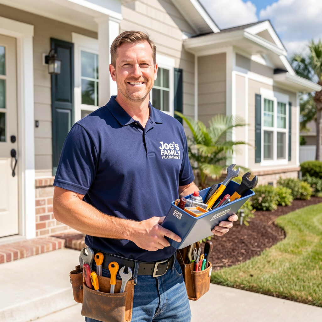 Hero visual of a professional plumber with tools outside a Florida home