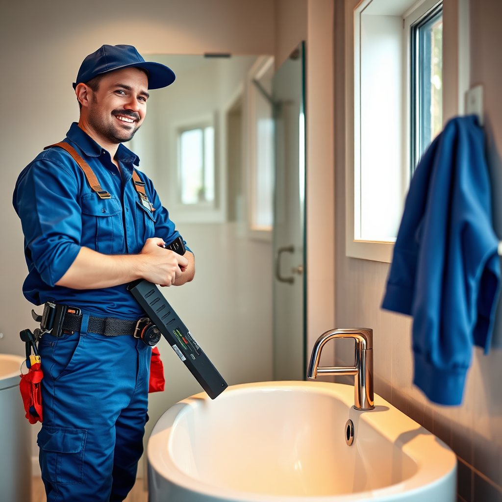 Professional plumber assisting a homeowner with modern plumbing equipment