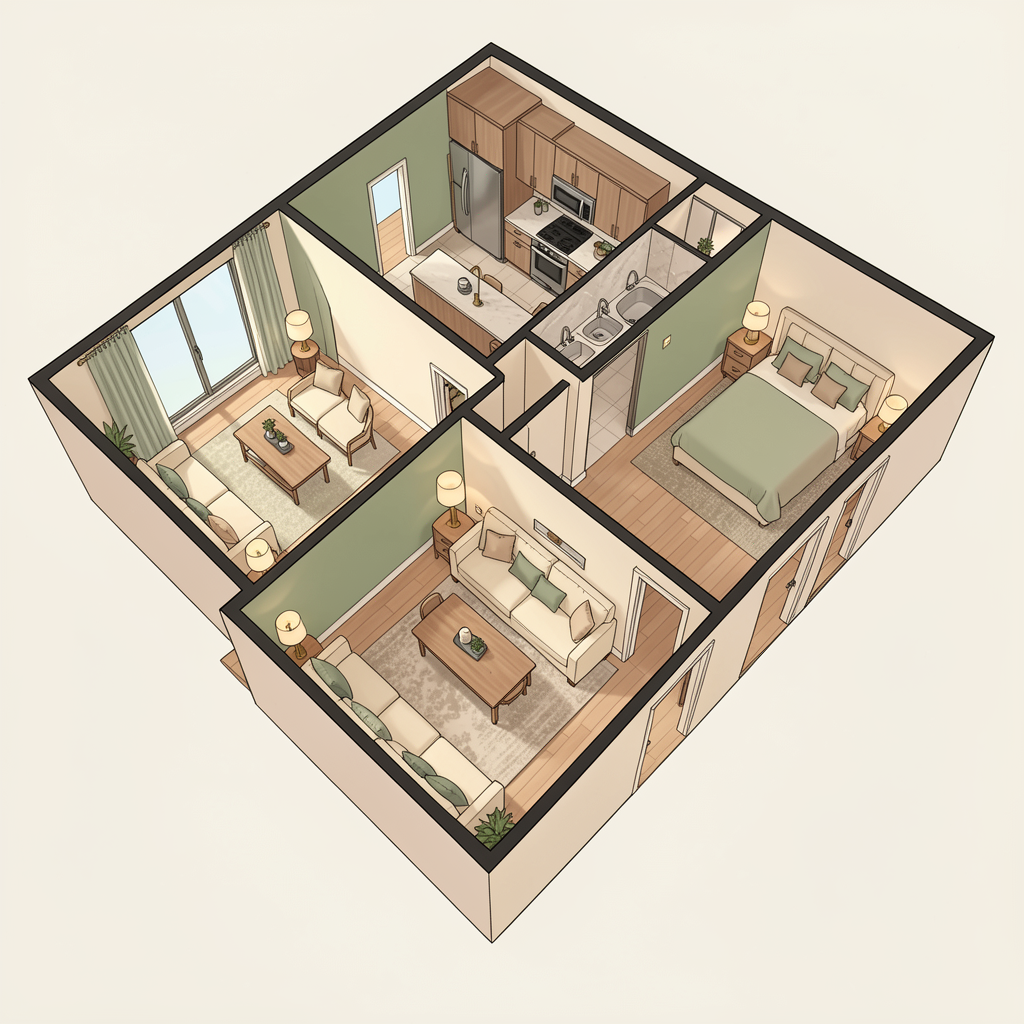 Illustrated aerial view of a modern condo interior with various rooms