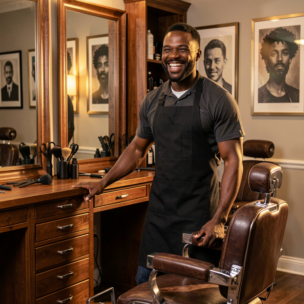 Barber laughing in his independently operated salon suite