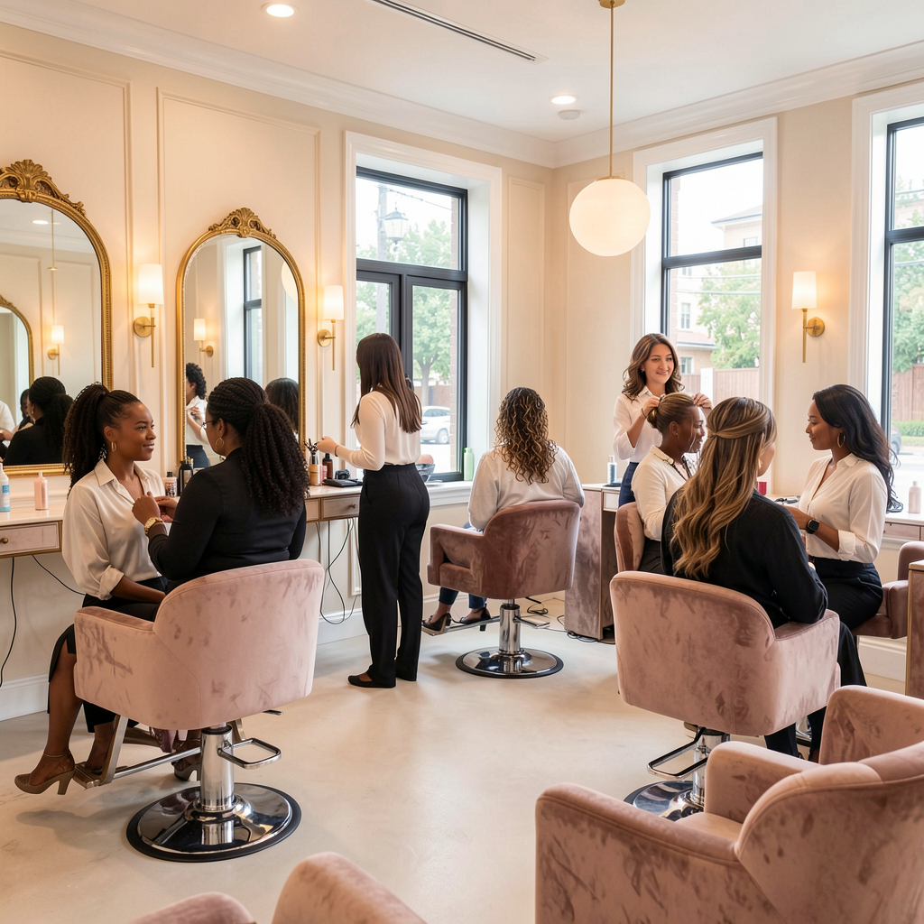 Stylish salon interior with diverse clients