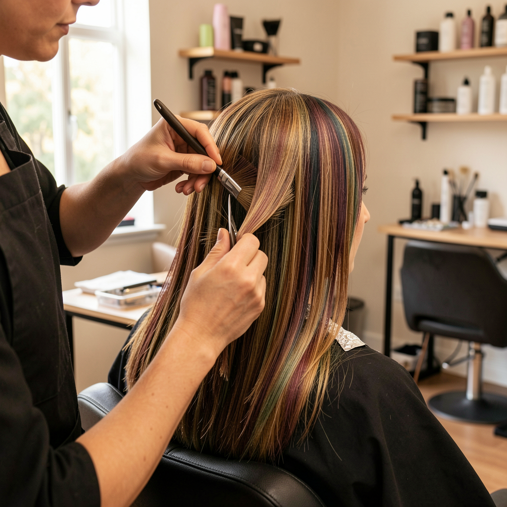 Hair color professional applying color in a salon suite