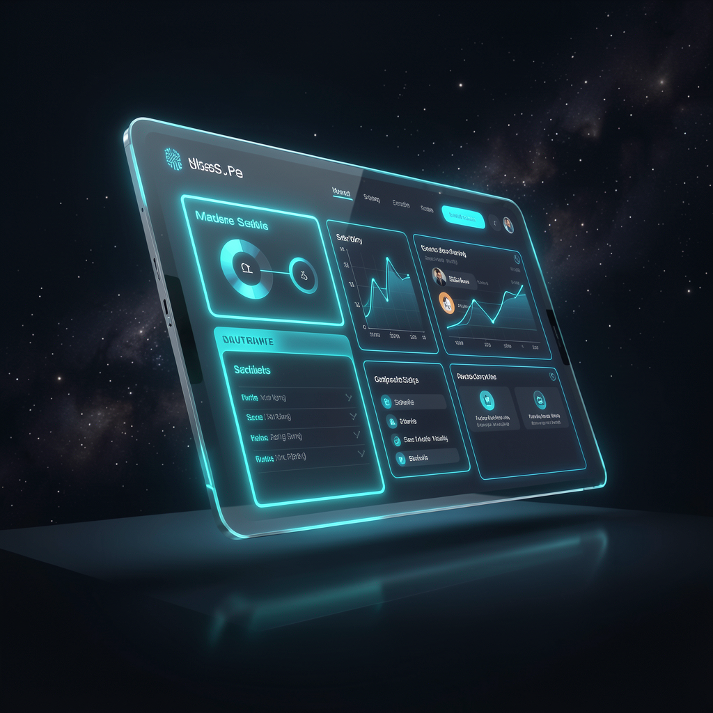 Interactive SaaS dashboard on a glass tablet