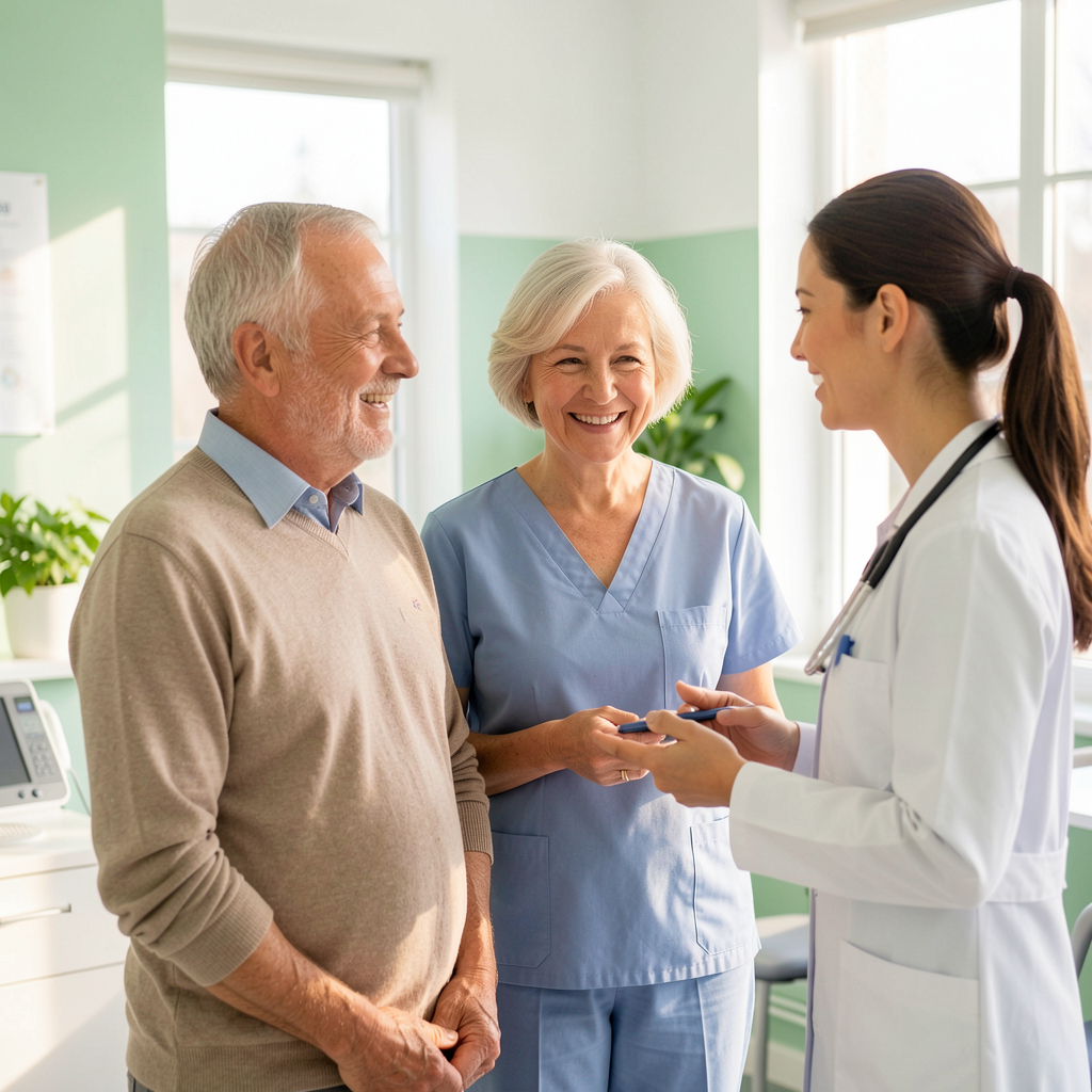 Caring doctor consulting with patients