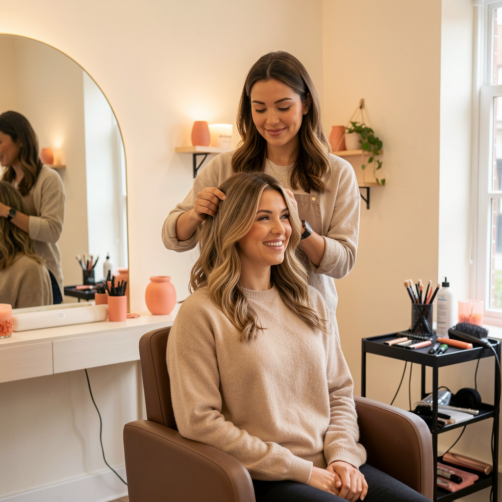 Independent stylist working with a smiling salon client