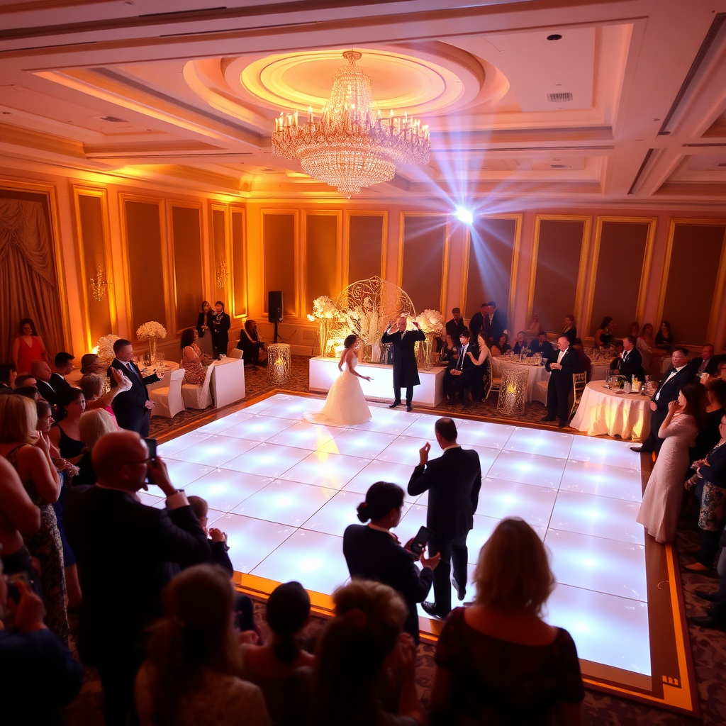 Wedding dance floor with gold lighting