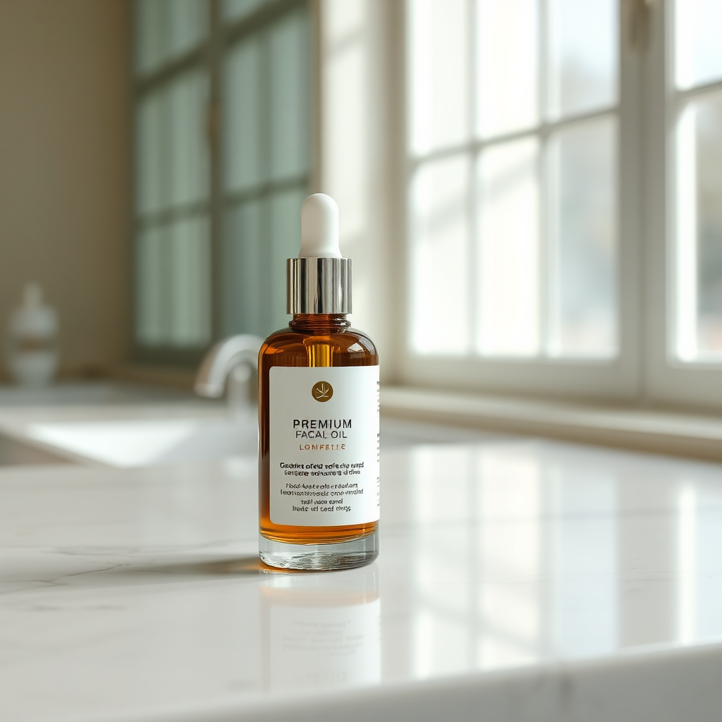 Luxura Facial Oil on a polished surface