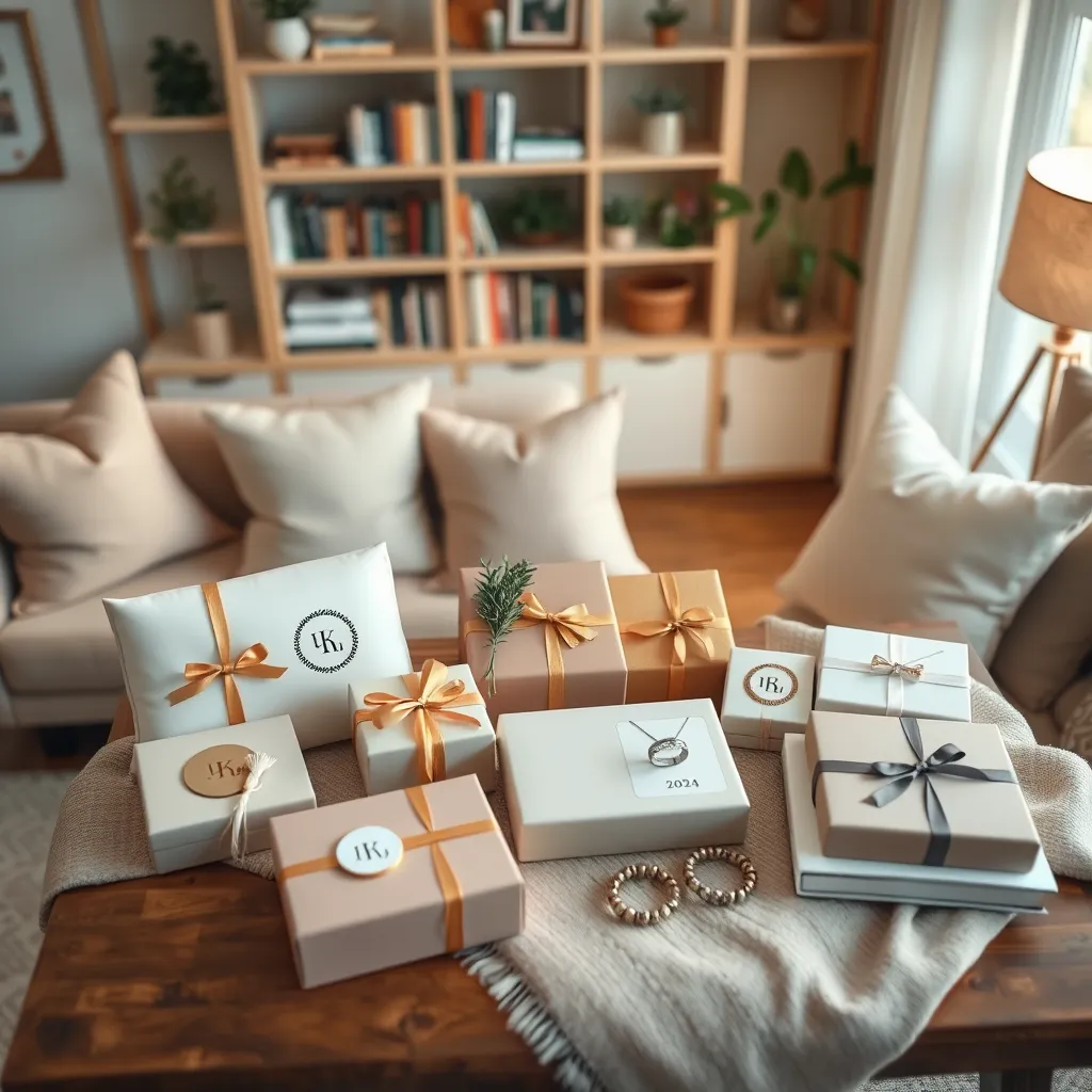 A beautifully arranged display of personalized gifts for 2024, including monogrammed items, engraved jewelry, and custom photo albums. The composition features a cozy living room setting with soft diffused lighting that creates a warm, inviting atmosphere. The color palette includes pastels and earth tones, evoking a sense of comfort and creativity. The camera angle is slightly above eye level, providing a bird's-eye view to showcase various gift items artfully arranged on a wooden coffee table. Textures of soft fabrics and polished metals are prominent, highlighting the quality of the items. Background elements include a softly blurred bookshelf filled with decorative books and plants, enhancing the homey feel. The scene is styled in a contemporary yet cozy design, reminiscent of home decor magazines. Image specifications include 8K resolution and hyperrealistic detail, capturing every nuance of the gifts.