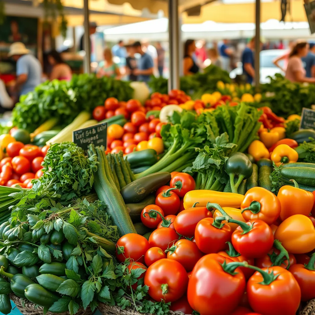 A beautifully arranged farmer's market stall, featuring a diverse array of seasonal vegetables and fruits. Include vibrant greens, ripe tomatoes, colorful peppers, and herbs. The background should capture a sunny outdoor market atmosphere, with people shopping and enjoying fresh food.