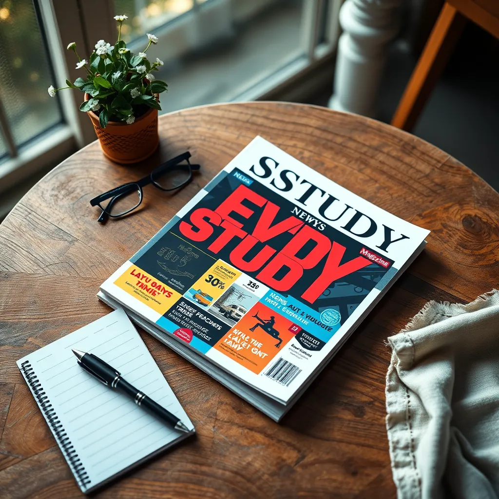 A beautifully arranged flat lay of the latest edition of 'News Study Magazine' placed on a rustic wooden table with a backdrop of softly blurred nature. The magazine's vibrant cover displays striking graphics in bold colors, surrounded by a stylish pen, notepad, and a pair of glasses. Soft diffused lighting bathes the scene, creating an inviting, scholarly atmosphere. The textures of the magazine’s glossy pages contrast with the wood grain of the table and the delicate fabric of a nearby tablecloth. Natural elements like a small potted plant and a subtle hint of morning sunlight enhance the mood of intellectual curiosity. The perspective should be directly above, capturing all elements symmetrically. Aim for hyperrealistic presentation in 8K resolution, focusing on the details and colors that evoke the essence of print media.