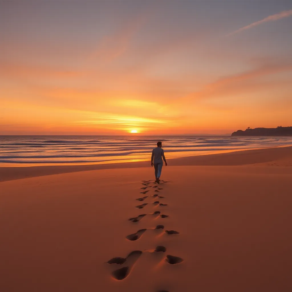 A breathtaking landscape of a sunset view from a picturesque beach, with a couple walking hand-in-hand, leaving footprints in the sand. The scene captures the essence of romance, featuring soft golden and pink hues blending into the horizon, evoking a dreamlike atmosphere.