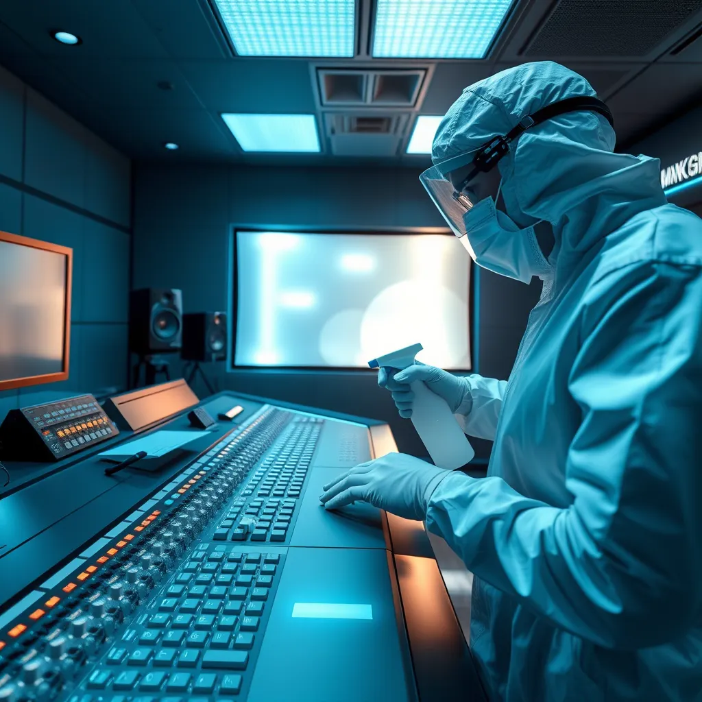 A broadcast studio with state-of-the-art equipment, every surface sparkling clean. A technician in protective gear uses a sanitizing spray on a mixing console. Dramatic side lighting highlights the sleek, sanitized surfaces, giving a sense of hygiene and modernity. A cool-toned color palette with shades of blue and silver enhances the sterile environment. The camera captures the scene from an overhead angle, focusing on the central console. Detailed textures of brushed metal, clear glass, and soft-touch buttons are evident. Background elements include soundproofed walls and LED panel lights. Style-wise, the image reflects the precision and clarity of a science fiction film set. Rendered in hyperrealistic 8K resolution for ultra-detailed imagery.