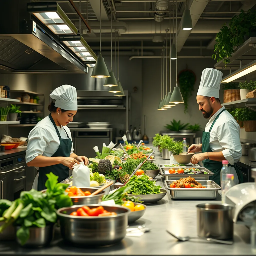 A bustling catering kitchen with chefs using eco-friendly packaging, organic ingredients, and reusable utensils, showcasing a committed effort towards sustainability. The setting is modern, clean, and vibrant, emphasizing a green and eco-conscious atmosphere.