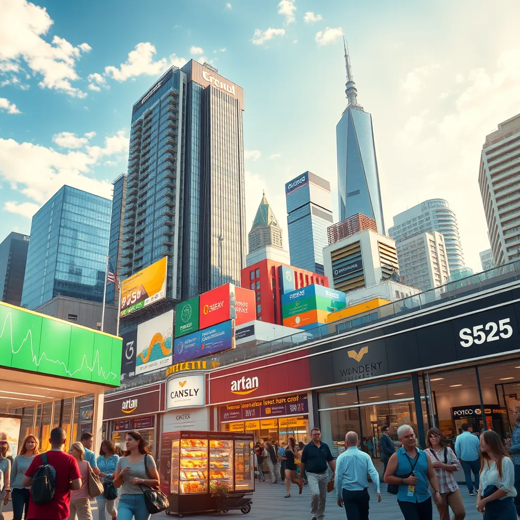 A bustling city skyline with vibrant businesses and consumers interacting. Include elements like digital graphs showcasing economic growth, a diverse group of people shopping, and office buildings representing corporate investment, all under a bright, optimistic sky.