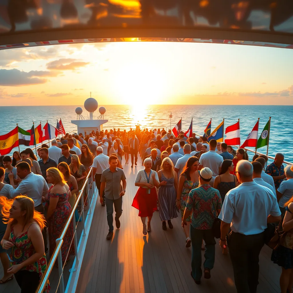 A bustling cruise ship deck with diverse passengers engaging in lively conversations. In the background, a vibrant sunset casts a warm glow over the ocean. Cultural elements from various countries are visually represented through flags and traditional attire.
