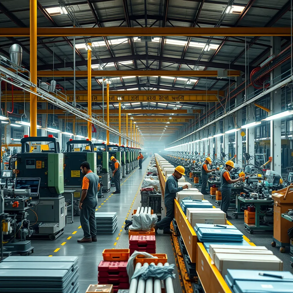 A bustling manufacturing facility in India with workers engaged in various tasks, showcasing modern machinery and technology. Include elements like vibrant production lines, clear signs of infrastructure improvements, and a backdrop highlighting Indian architecture or landscapes.