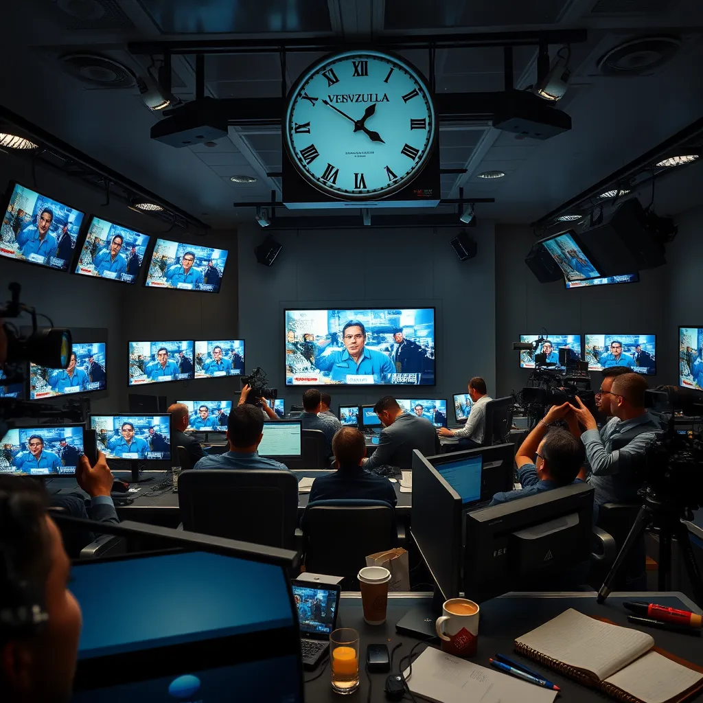 A bustling newsroom filled with journalists and cameras capturing live news broadcasts about Venezuela. The scene showcases multiple screens displaying live coverage, with a large digital clock overhead indicating the fast-paced environment. Soft diffused lighting bathes the room to create a professional yet intimate atmosphere. The color palette predominantly features shades of blue and gray, symbolizing a serious and trustworthy news source. The camera angle is slightly elevated, offering a wide view of the newsroom in action. The textures of the computer screens and equipment are ultra-detailed, while the glass surfaces reflect the bustling activity. Small details, like a coffee cup and notepads on the desks, add realism. The style is inspired by contemporary documentary photography, captured in 8K resolution for hyperrealistic quality.
