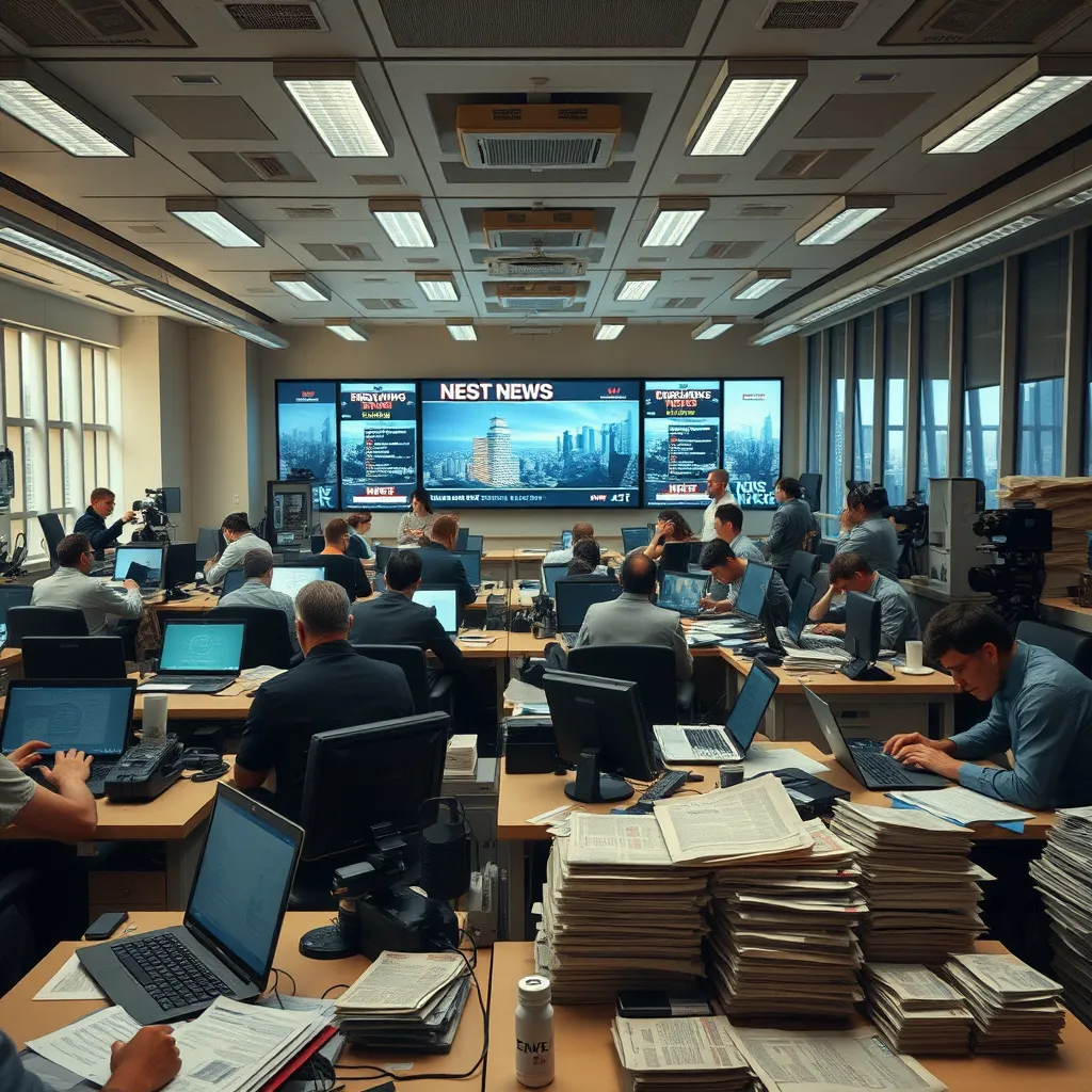 A bustling newsroom filled with journalists at work. The scene includes reporters typing on laptops, a large digital screen displaying breaking news headlines, and stacks of newspapers scattered around. Soft diffused lighting illuminates the space, creating a modern feel. The color palette features warm tones of beige and gray, suggesting urgency and focus. The camera angle captures a wide perspective, highlighting multiple desks and the busy environment. Textures of smooth glass, metal, and paper create a tactile quality. Environmental elements include a coffee station in the background and large windows showing a city skyline, adding depth. Style references include the vibrant, life-like scenes of Gregory Crewdson. Technical specifications: 8K resolution, hyperrealistic, ultra-detailed.