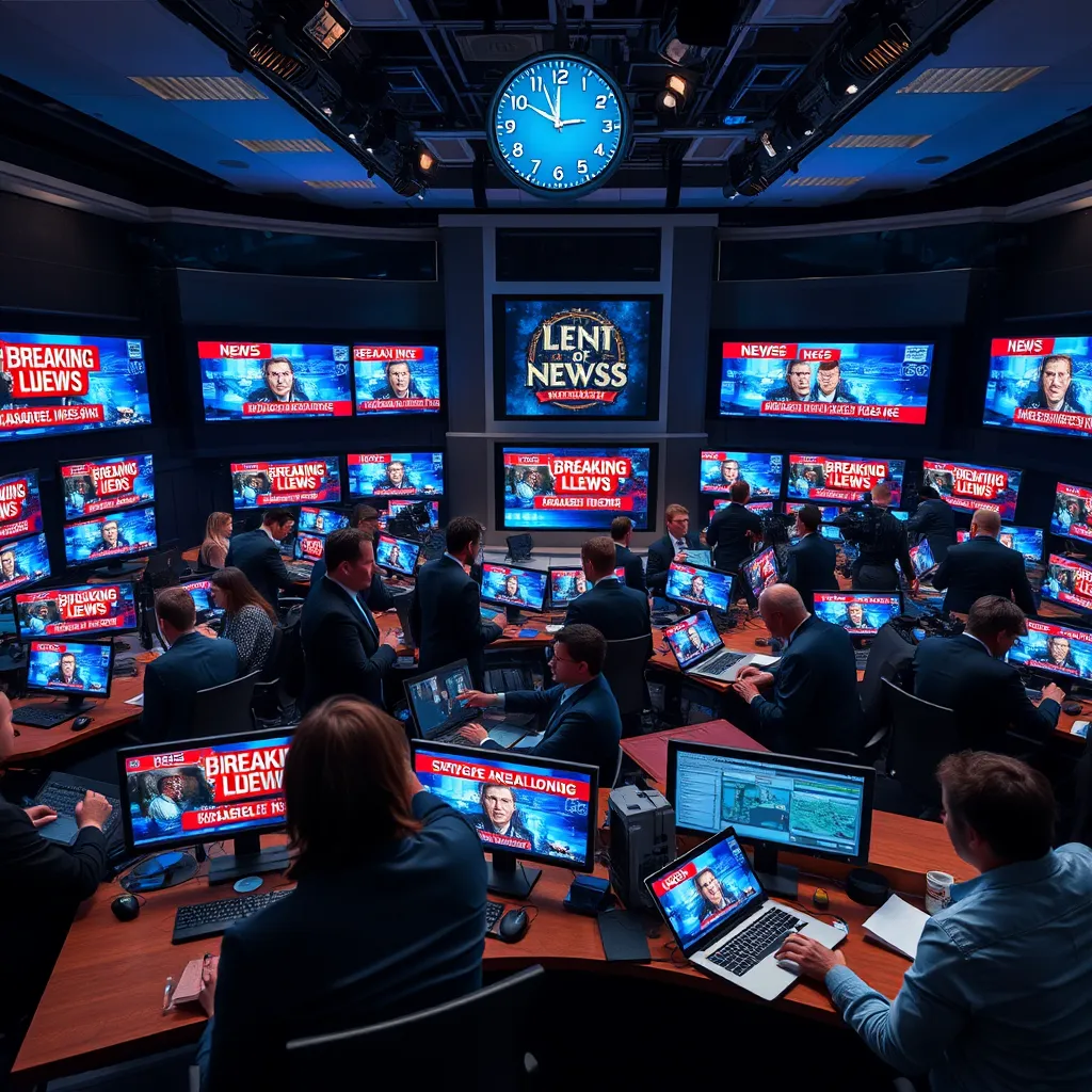A bustling newsroom filled with professional journalists at work. The scene captures a large news desk cluttered with multiple monitors displaying breaking news alerts, each screen glowing brightly against the backdrop of soft diffused lighting. A diverse group of reporters are engaged in discussions, fervently typing on laptops. The color palette includes vibrant blues and reds, indicating urgency and excitement. The camera angle is slightly elevated, providing a panoramic view of the chaos, showcasing the modern, sleek design of the newsroom. Textured materials include polished wood on the news desk and the glossy screens of the monitors. In the background, a large digital clock counts down to the next news segment. Shot in hyper-realistic 8K resolution, this image embodies the dynamic nature of breaking news, styled in the vein of renowned documentary photographers.