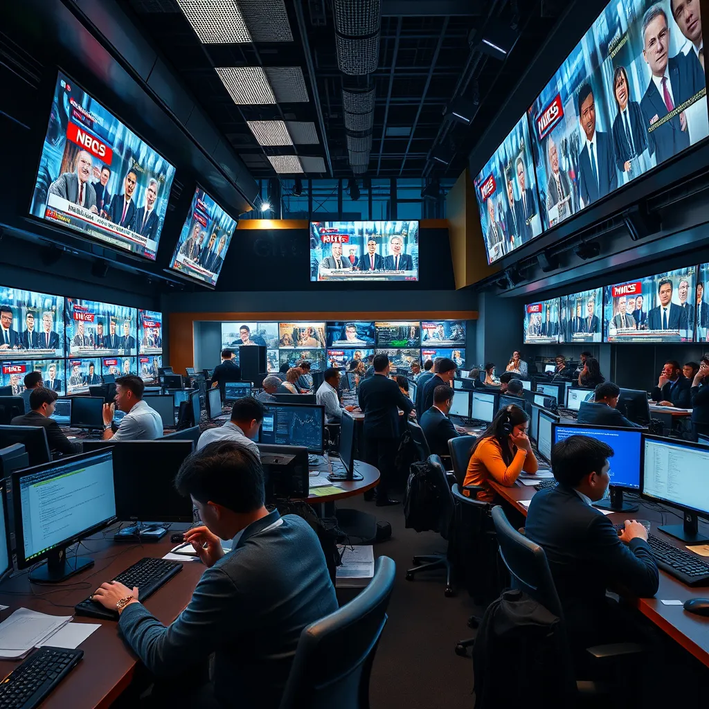 A bustling newsroom with journalists typing on computers, large screens displaying live breaking news headlines, and diverse reporters discussing recent events on phones; the atmosphere is energetic and focused, capturing the excitement of real-time news coverage.