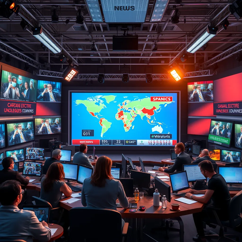 A bustling newsroom with journalists of diverse backgrounds working collaboratively, surrounded by news articles in both English and Spanish. A large screen displaying a map of Spanish-speaking countries, highlighting news events. Bright, modern design, conveying a sense of urgency and community focus.