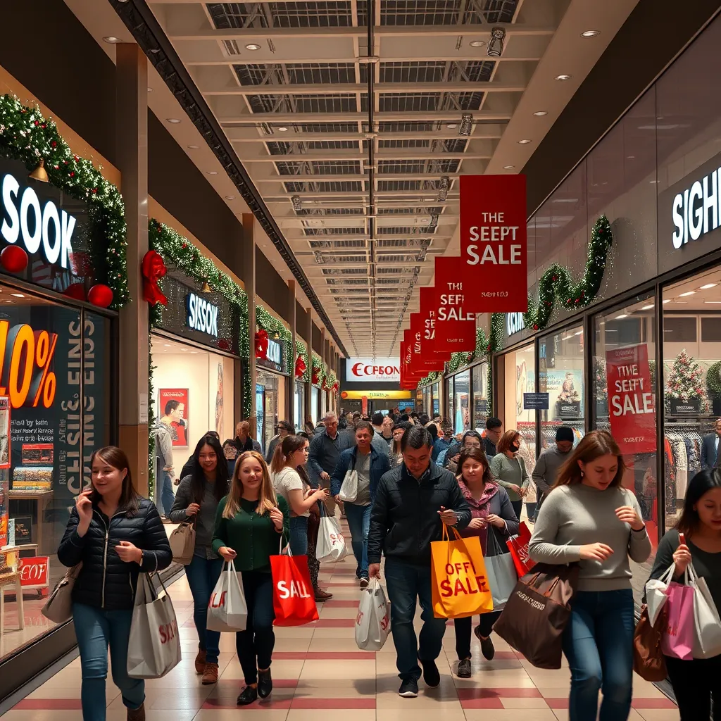A bustling shopping mall during a seasonal sale, with decorated storefronts displaying large 'Discount' signs and excited shoppers carrying bags filled with purchases. Bright colors and festive decor highlight the atmosphere of savings and excitement.