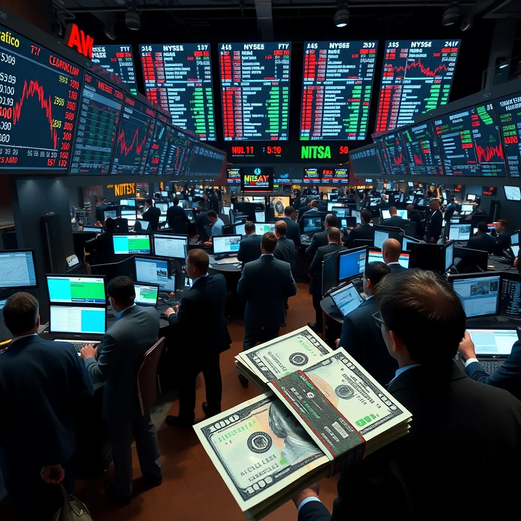 A bustling trading floor filled with traders examining electronic screens displaying fluctuating stock prices and economic indicators. The atmosphere should convey urgency, with visible graphs, charts, and dollar bills in the foreground to symbolize financial exchanges.