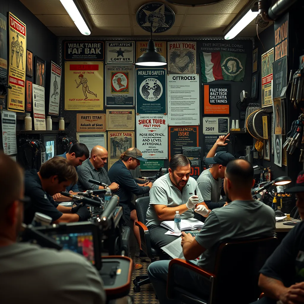A busy tattoo parlor filled with tattoo artists and clients, showcasing various tattooing equipment and health safety posters. In one corner, an artist is discussing regulations with a concerned client, highlighting the balance between creativity and compliance.