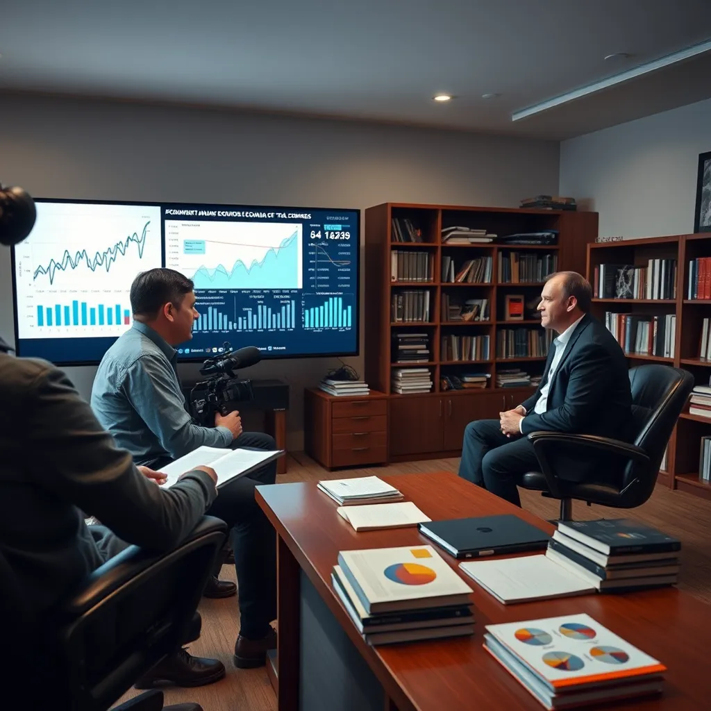 A calm setting where a journalist interviews a prominent Venezuelan economist in an office with books and charts. The screen shows visuals of economic graphs and statistics relevant to the discussion, indicating a serious yet informative environment.