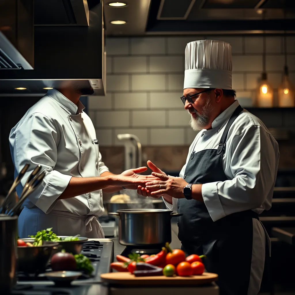 A candid, high-detailed image of a renowned chef in a stylish restaurant kitchen, passionately discussing a dish, with fresh ingredients around, pots sizzling on the stove, and a dimly lit ambiance that enhances the culinary atmosphere.
