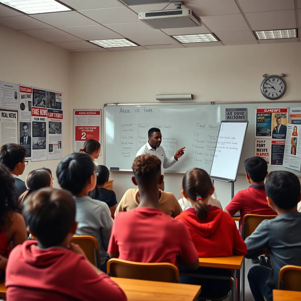 A classroom setting where a diverse group of students is engaged in an interactive lesson about media literacy. The walls are adorned with posters showcasing fake news vs. real news, and the teacher is highlighting keypoints on a whiteboard.