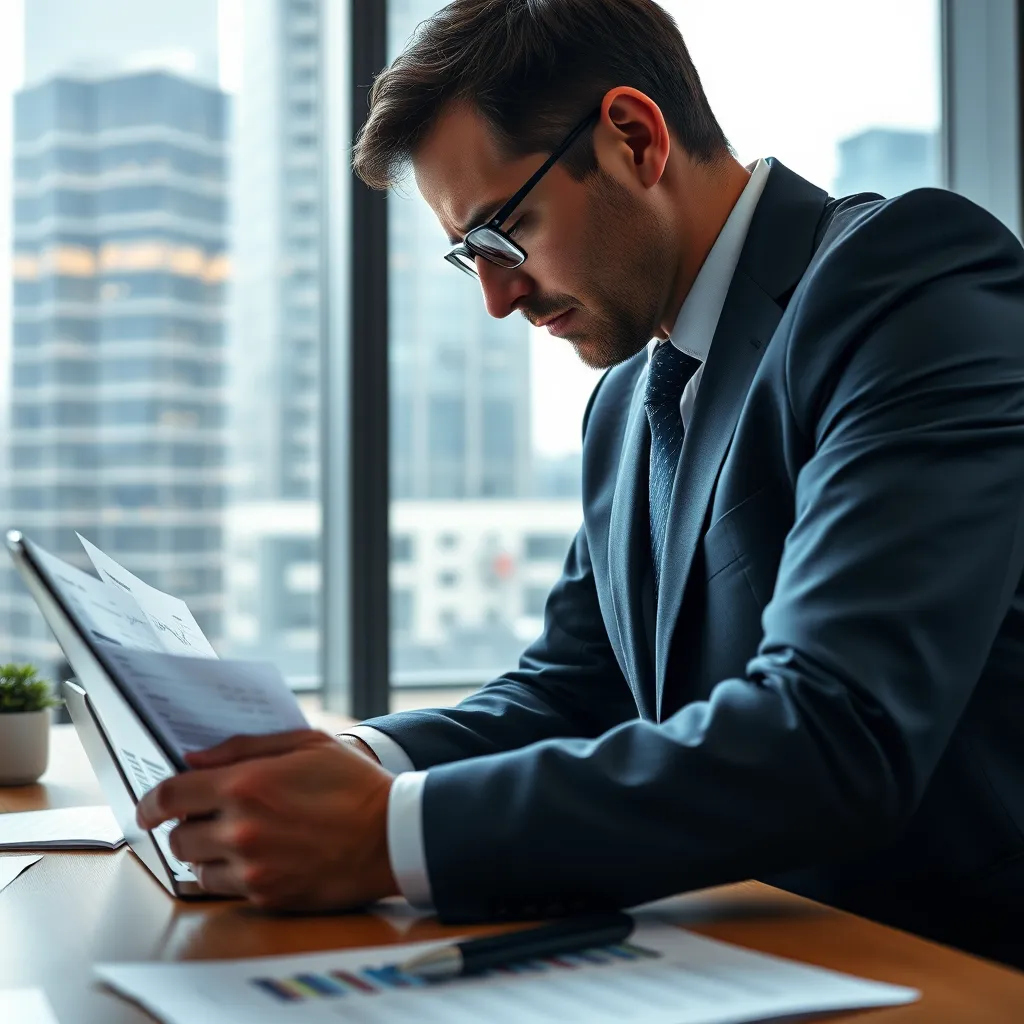 A close-up image of a business executive reviewing regulatory documents in a well-lit office environment. Include visual elements like a laptop displaying financial data, compliance checklists, and a window view of a bustling financial district to illustrate the importance of regulation.