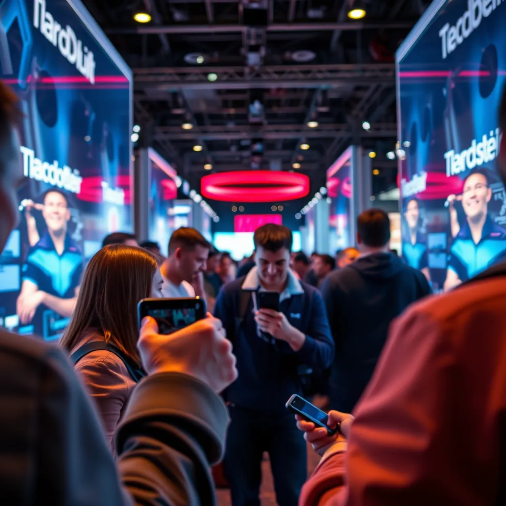 A close-up image showcasing a latest technology product release event. Include people interacting with the new gadget, surrounded by promotional displays and dynamic lighting that conveys enthusiasm and innovation.