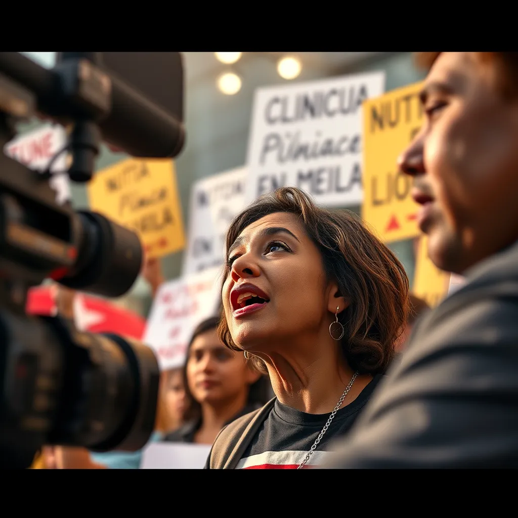 A close-up of a community activist passionately speaking at a rally, with a backdrop of supportive attendees holding signs in Spanish, and a news camera capturing the moment, symbolizing empowerment and advocacy.