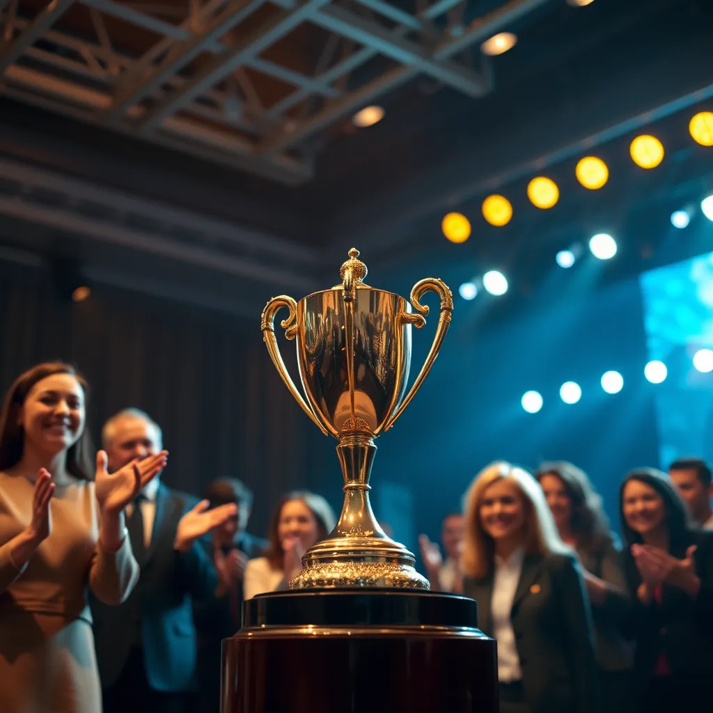 A close-up of a glamorous award ceremony scene, focusing on a gleaming trophy being presented to a diverse group of professionals on stage, with enthusiastic applause and bright stage lights creating an atmosphere of celebration and accomplishment.