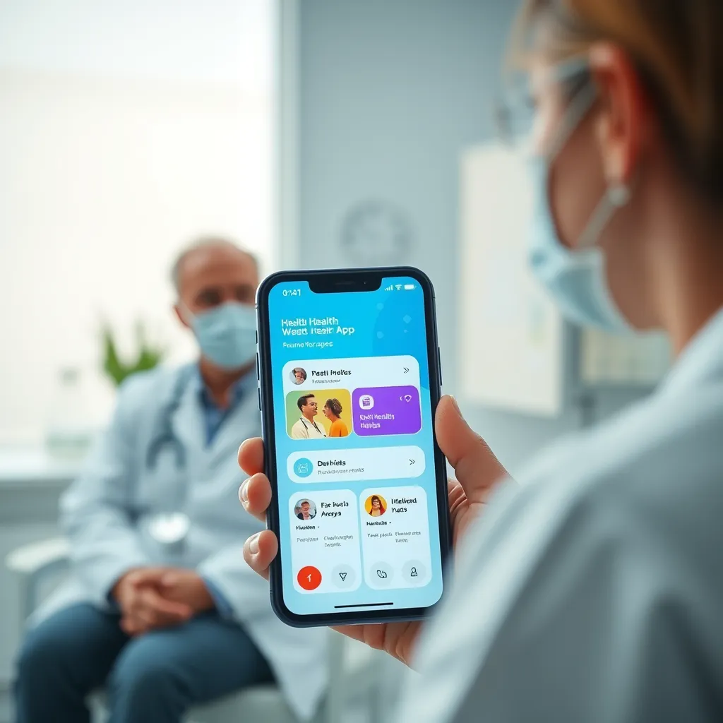 A close-up of a smartphone displaying a health app interface with vibrant graphics and user-friendly design. In the background, a healthcare professional consults a patient in a modern clinic, highlighting the integration of technology in healthcare.